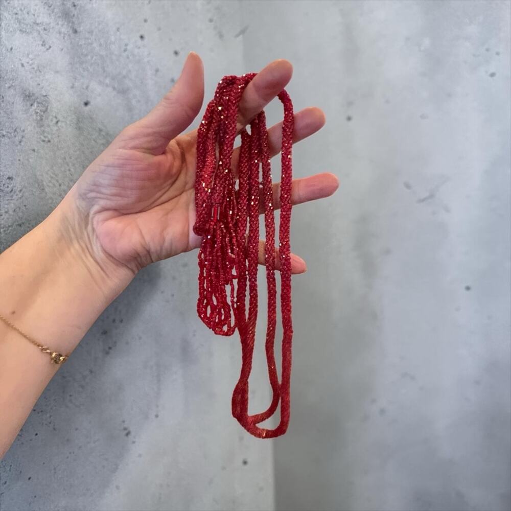 Cherry Red Beaded Lariat Necklace 1920s Flapper Glass Seed Beads Tassel Rope